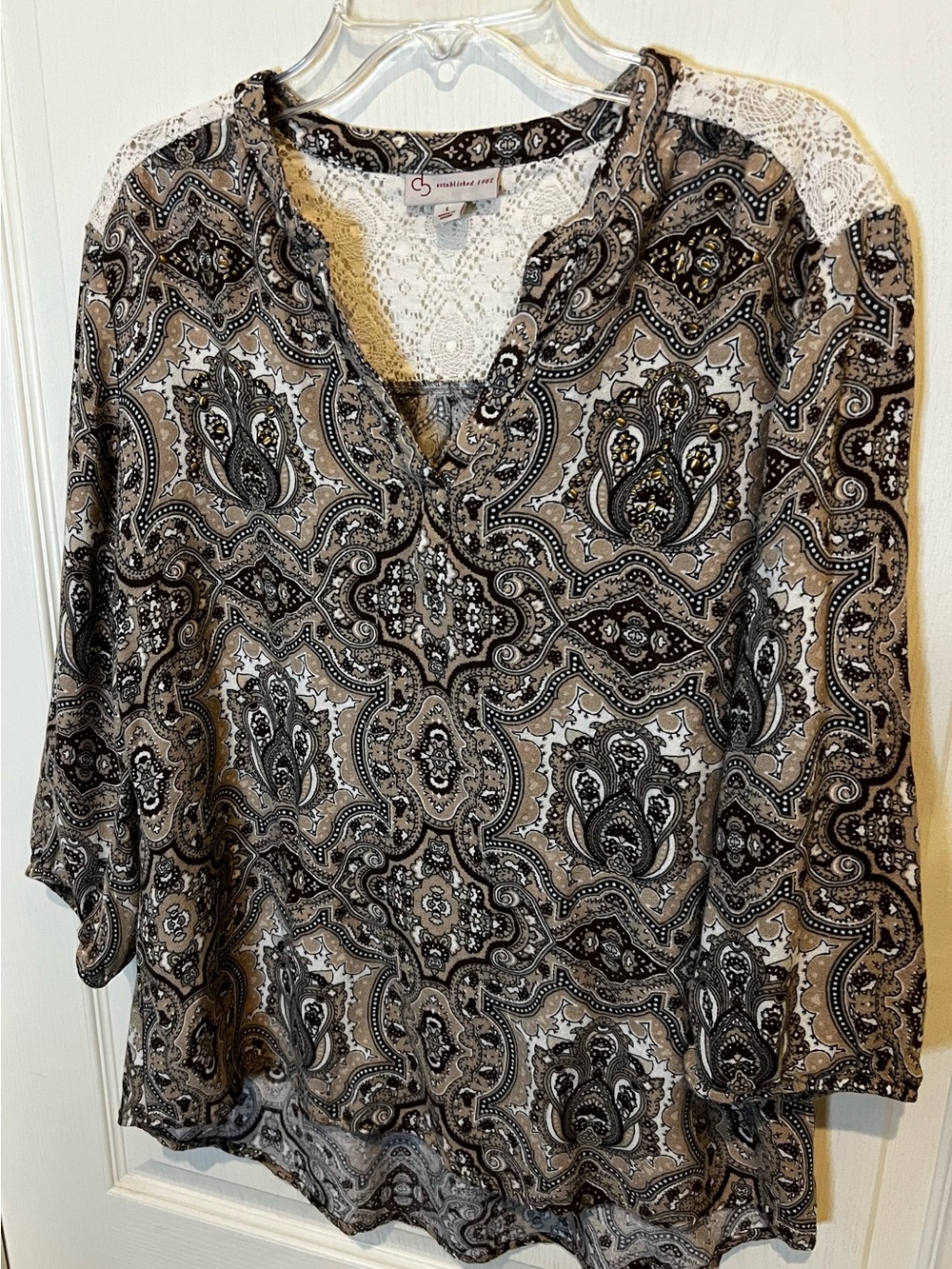dressbarn Taupe and Black Paisley Lace-Shoulder V-Neck Tunic